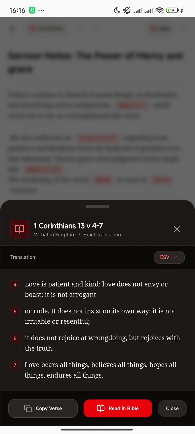 Scripture peek card for 1 Corinthians 13 v 4-7 in ESV with Copy Verse and Read in Bible buttons